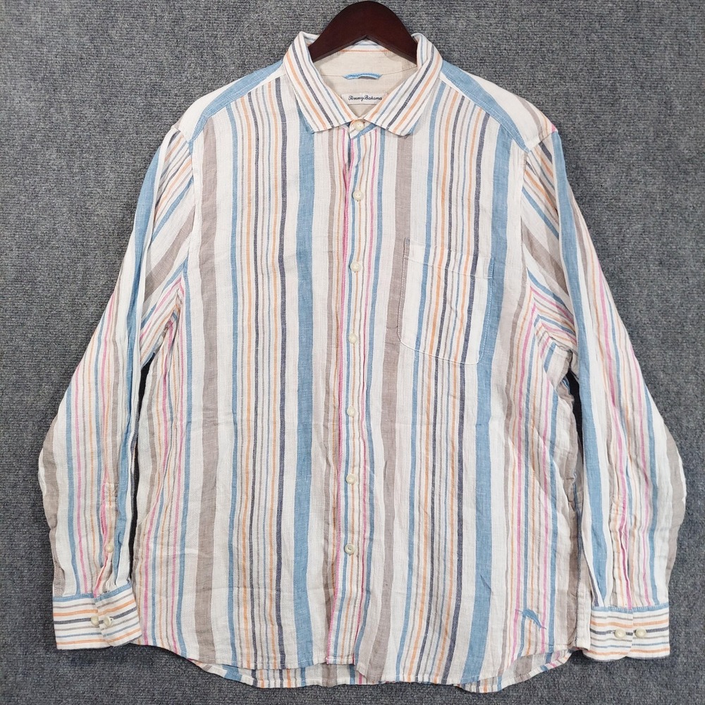 Tommy Bahama Shirt Mens XL Multicolor Stripe Long Sleeve Button Up Linen